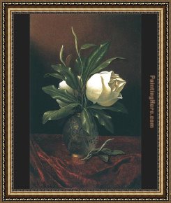 Violin And Glass Framed Paintings - Two Magnolia Blossoms in a Glass Vase by Martin Johnson Heade