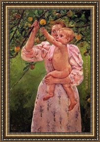 Childs Framed Paintings - Baby Reaching For An Apple Aka Child Picking Fruit by Mary Cassatt