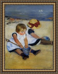 Child Framed Paintings - Children on the Shore by Mary Cassatt