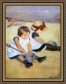 Child Framed Paintings - Children Playing On The Beach by Mary Cassatt