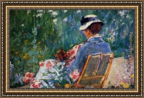 Song of The Dog Framed Paintings - Lydia Seated In The Garden With A Dog In Her Lap by Mary Cassatt