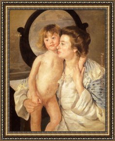 An Algerian Mother And Child Framed Paintings - Mother And Child Aka The Oval Mirror by Mary Cassatt