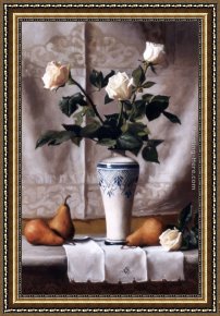 Floral Still Life in a Blue And White Porcelain Vase Framed Paintings - Bacio d'Inverno (Still Life with White Roses) by Maureen Hyde