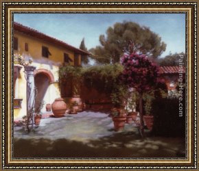 A Mediterranean Courtyard Framed Paintings - Courtyard in August (Toscana) by Maureen Hyde