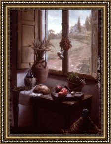 The Goldfish Window Framed Paintings - Still Life with a View ( Interior with Landscape through a Window) by Maureen Hyde