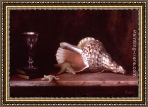 Violin And Glass Framed Paintings - Still Life with Conch Shell, Starfish and a Glass of Wine by Maureen Hyde