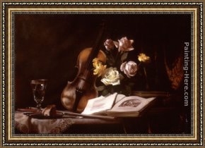 Violin And Glass Framed Paintings - Still Life with Violin and Roses by Maureen Hyde