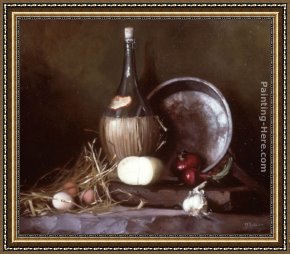 Flask Framed Paintings - Still Life with Wine Flask, Eggs and Cheese by Maureen Hyde