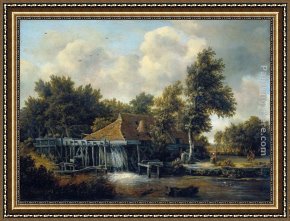 A Water Mill [detail #1] Framed Paintings - A Water Mill by Meindert Hobbema