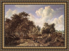Meindert Framed Paintings - A Wooded Landscape by Meindert Hobbema
