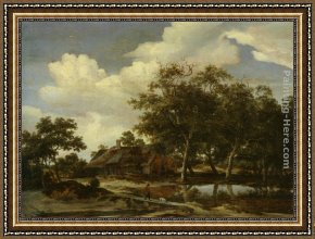 Meindert Framed Paintings - A wooded landscape with a figure crossing a bridge over a stream by Meindert Hobbema