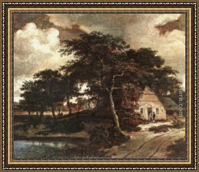 Meindert Framed Paintings - Landscape with a Hut by Meindert Hobbema
