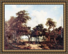 Meindert Framed Paintings - Landscape with Woods and Cottage by Meindert Hobbema