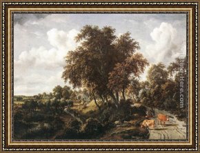 Meindert Framed Paintings - Road on a Dyke by Meindert Hobbema