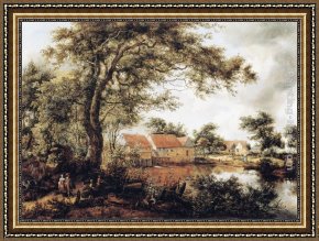 A Water Mill [detail #1] Framed Paintings - Wooded Landscape with Water Mill by Meindert Hobbema
