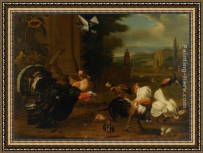 Melchior Broederlam Framed Paintings - A Palace Garden with Exotic Birds and Farmyard Fowl by Melchior de Hondecoeter