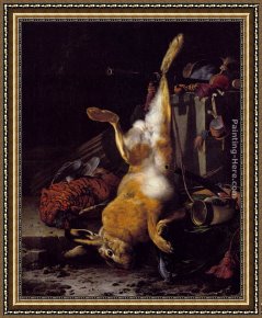 A Hunting Morn Framed Paintings - A Still Life Of Dead Game And Hunting Equipment by Melchior de Hondecoeter