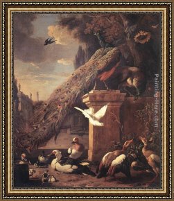 Mallard Duck Framed Paintings - Peacocks and Ducks by Melchior de Hondecoeter