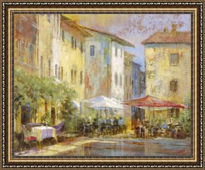 Figures in The Courtyard of a Mosque Framed Paintings - Courtyard Cafe by Michael Longo