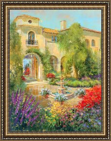 Disembarkation of The Spanish at Vera Cruz (with Portrait of Cortez As a Hunchback) Framed Paintings - Spanish Courtyard II by Michael Longo