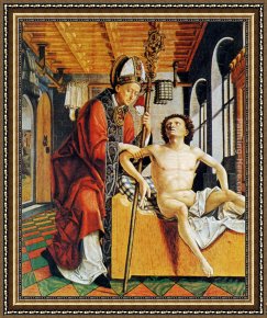 Cleopatra Testing Poisons on Condemned Prisoners Cropped Framed Paintings - St. Augustine Freeing A Prisoner (outer panel of the Altar of the Four Latin Fathers) by Michael Pacher