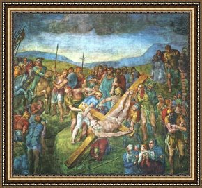 Saint Cosmas And Saint Damian Salvaged Framed Paintings - Matyrdom of Saint Peter by Michelangelo Buonarroti