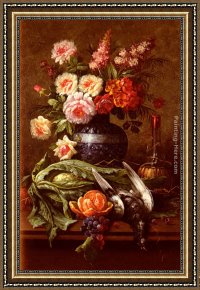Oranges Framed Paintings - Nature Morte Aux Fleurs Et A L'Orange by Modeste Carlier