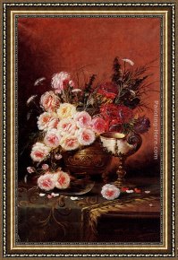 A Bouquet of Roses And Other Flowers in a Glass Goblet with a Chinese Lacquer Box And a Nautilus Cup on a Red Velvet Draped Table Framed Paintings - Still Life Of Roses And A Nautilus Cup On A Draped Table by Modeste Carlier