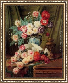 A Bouquet of Roses And Other Flowers in a Glass Goblet with a Chinese Lacquer Box And a Nautilus Cup on a Red Velvet Draped Table Framed Paintings - Still Life Of Roses And Other Flowers On A Draped Table by Modeste Carlier