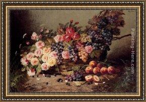 Still Life with Melon And Peaches Framed Paintings - Still Life Of Roses, Peaches And Grapes In A Basket by Modeste Carlier
