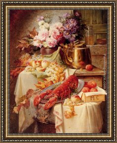 Flower of Life Framed Paintings - Still Life With A Lobster And Assorted Fruit And Flowers by Modeste Carlier
