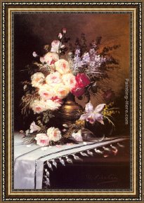 Floral Still Life in a Blue And White Porcelain Vase Framed Paintings - Still Life with Assorted Flowers in a Brass Vase by Modeste Carlier