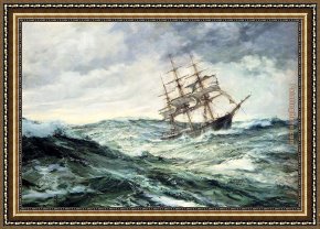 Ships Running Aground in a Storm Framed Paintings - A Ship In Stormy Seas by Montague Dawson