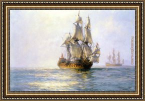 A Little Prince Likely in Time to Bless a Royal Throne Framed Paintings - The Royal Charles on Sunlit Waters by Montague Dawson