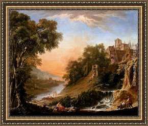 Waterfall Framed Paintings - Figures Resting On The Banks Of A River, A Waterfall In The Foreground by Nicolas-Jacques Juliard