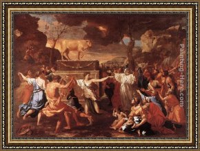 Ponies, a Calf And Poultry in a Farmyard Framed Paintings - Adoration of the Golden Calf by Nicolas Poussin