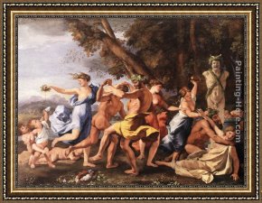 Unveiling The Statue of Liberty Framed Paintings - Bacchanal before a Statue of Pan by Nicolas Poussin