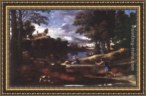 Nicolas Framed Paintings - Landscape with a Man Killed by a Snake by Nicolas Poussin