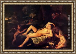 The Education of Cupid Framed Paintings - Sleeping Venus and Cupid by Nicolas Poussin