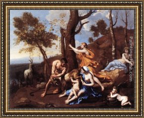 Jupiter And Antiope Framed Paintings - The Nurture of Jupiter by Nicolas Poussin