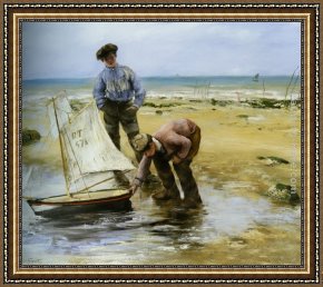 Eze-sur-mer Framed Paintings - Enfants jouant sur la plage by Norbert Goeneutte