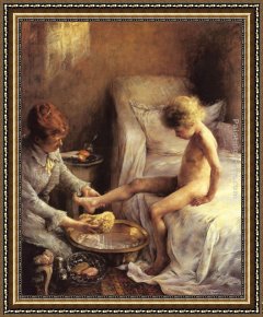 Painter in His Studio, Painting a Musical Company Framed Paintings - Reine Goeneutte Washing The Young Jean Guerard In The Artist's Studio by Norbert Goeneutte