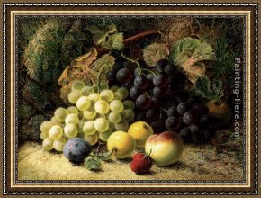 Bank Framed Paintings - Grapes, Apples, A Plum, A Peach And A Strawberry, On A Mossy Bank by Oliver Clare