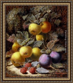 Bank Framed Paintings - Still Life with Apples, Plums and Raspberries on a Mossy Bank by Oliver Clare