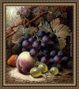 Bank Framed Paintings - Still Life with Black Grapes, a Strawberry, a Peach and Gooseberries on a Mossy Bank by Oliver Clare