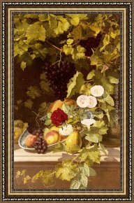 Floral Still Life in a Blue And White Porcelain Vase Framed Paintings - A Still Life With Fruit, Flowers And A Vase by Otto Didrik Ottesen
