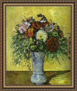 Floral Still Life in a Blue And White Porcelain Vase Framed Paintings - Flowers in a Blue Vase by Paul Cezanne