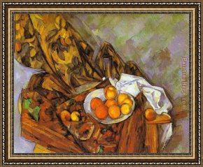 Flower of Life Framed Paintings - Still Life with Flower Curtain and Fruit by Paul Cezanne