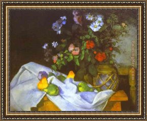 Life Framed Paintings - Still Life with Flowers and Fruit by Paul Cezanne