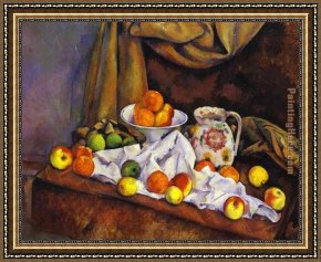 Floral Still Life in a Blue And White Porcelain Vase Framed Paintings - Still Life with Fruit Pitcher and Fruit-Vase by Paul Cezanne